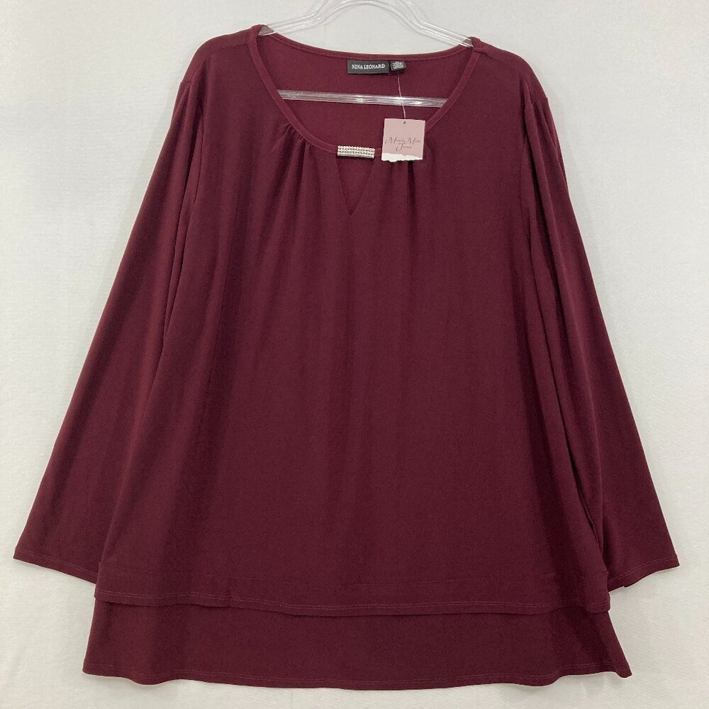 New Nina Leonard size 2X Burgundy Embellished Keyhole Stretch Knit Blouse